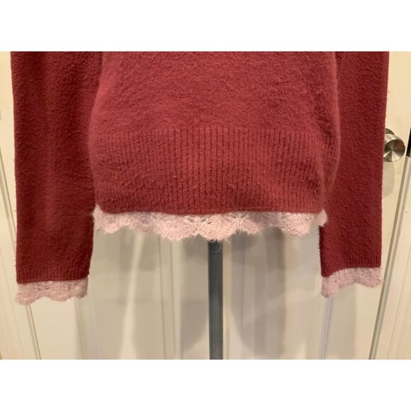 Sleeping on Snow Dark Pink Cowl Neck Sweater W/ Light Pink Crochet Trim, Size L - Picture 3 of 9